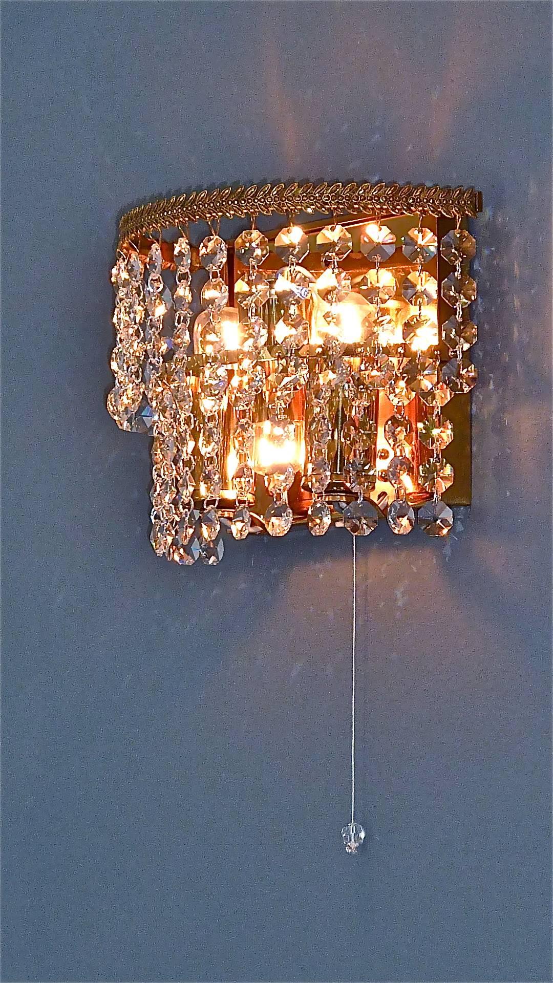 Pair Palwa Sconces Wall Lights Gilt Brass Faceted Crystal Glass Leaf Decor 1960s 3