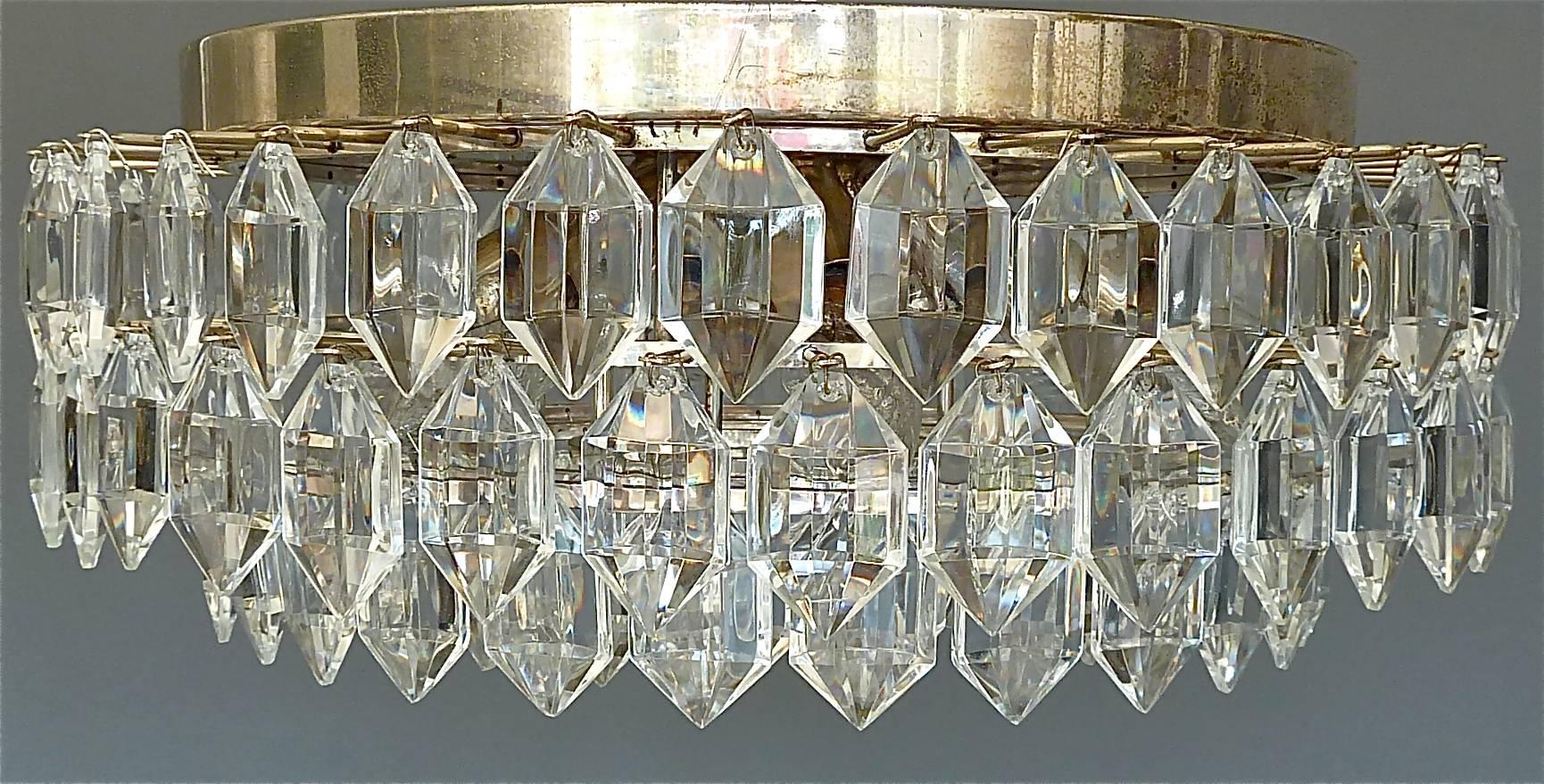 Mid-Century Modern Bakalowits Midcentury Flush Mount Lamp Silvered Brass Faceted Crystal Glass