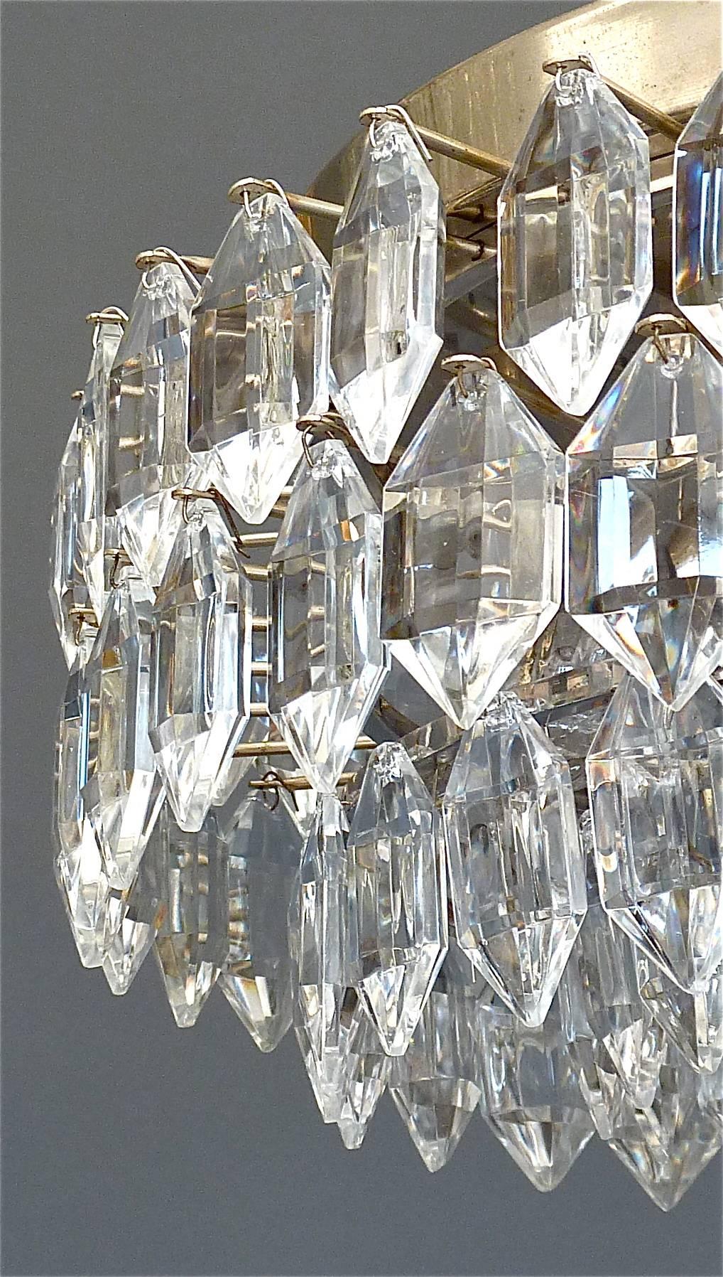 Austrian Bakalowits Midcentury Flush Mount Lamp Silvered Brass Faceted Crystal Glass