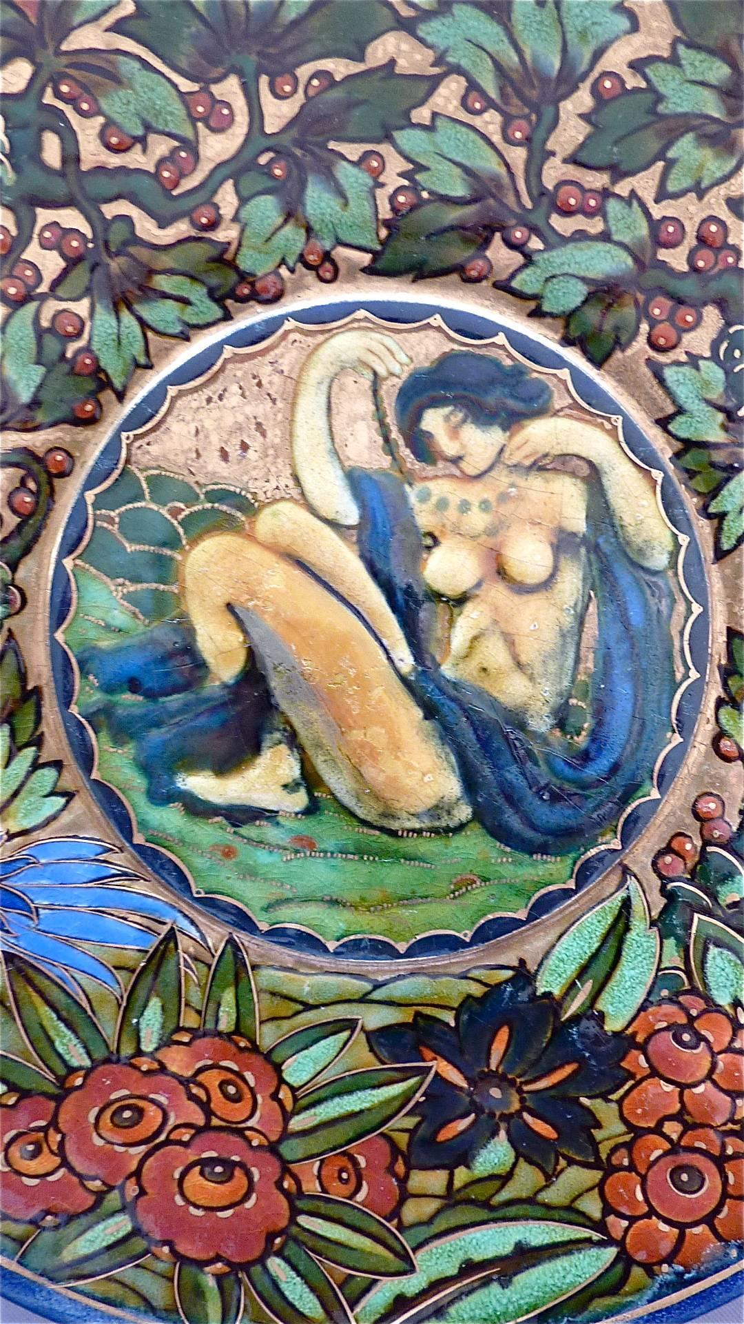 Enameled Art Deco Ceramic Plate by Odette Heiligenstein Chatrousse, 1925, French Enamel For Sale