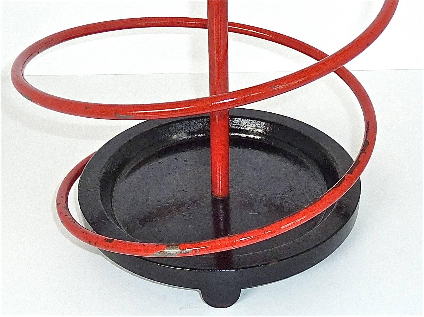 Mid-Century Modern Rare French Modernist Umbrella Stand Red Black Iron Spiral Royere Style 1930s For Sale