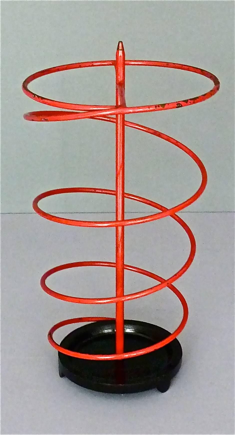 Rare French Modernist Umbrella Stand Red Black Iron Spiral Royere Style 1930s For Sale 1