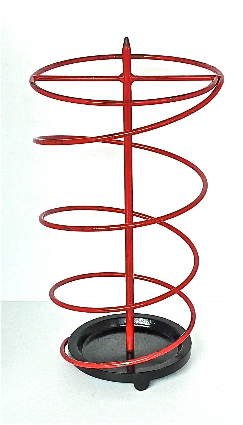 Rare French Modernist Umbrella Stand Red Black Iron Spiral Royere Style 1930s For Sale 3