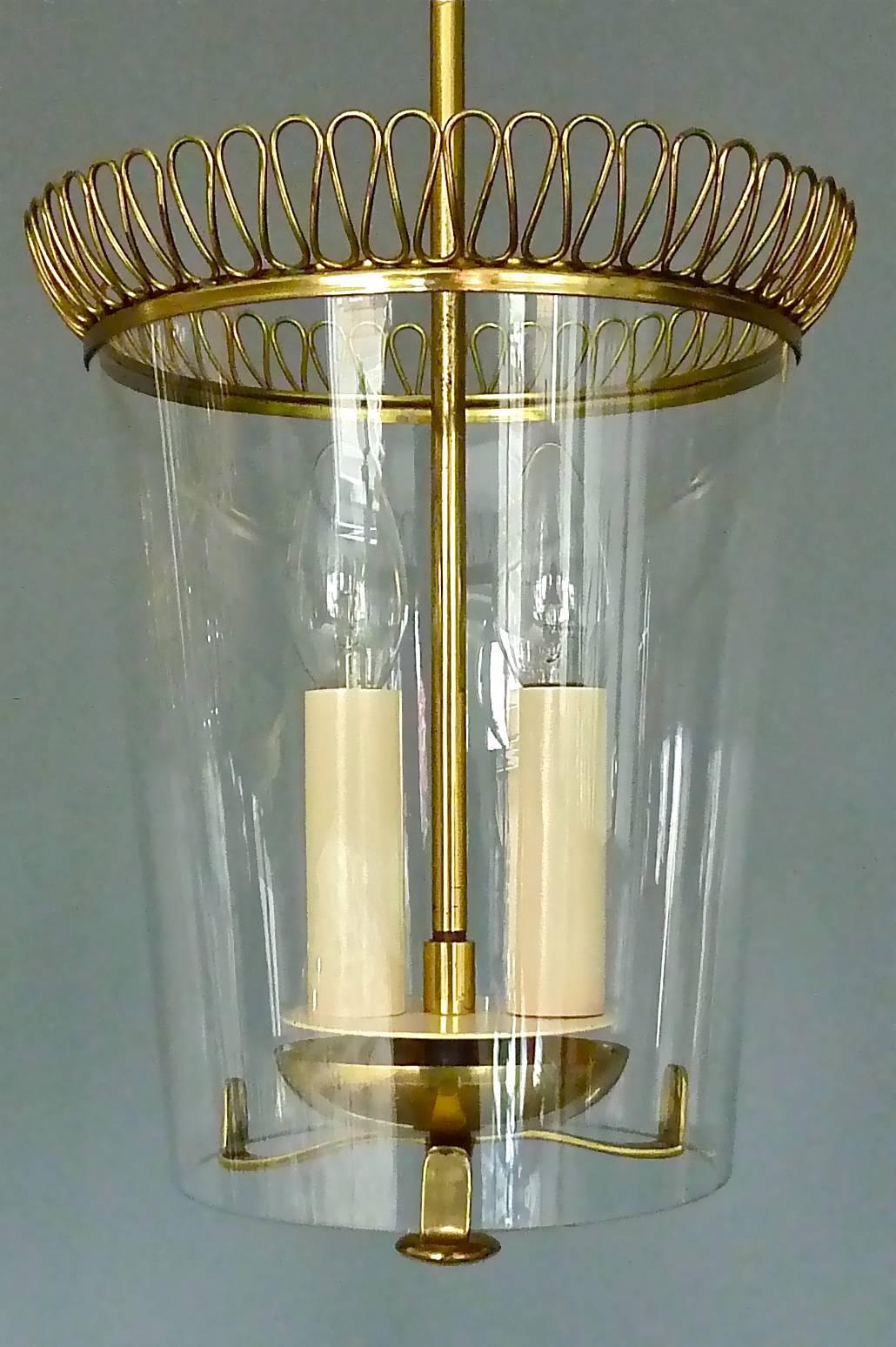Mid-Century Modern Rare Brass and Glass Pendant Two-Light Lantern, Style of Josef Frank, Austria