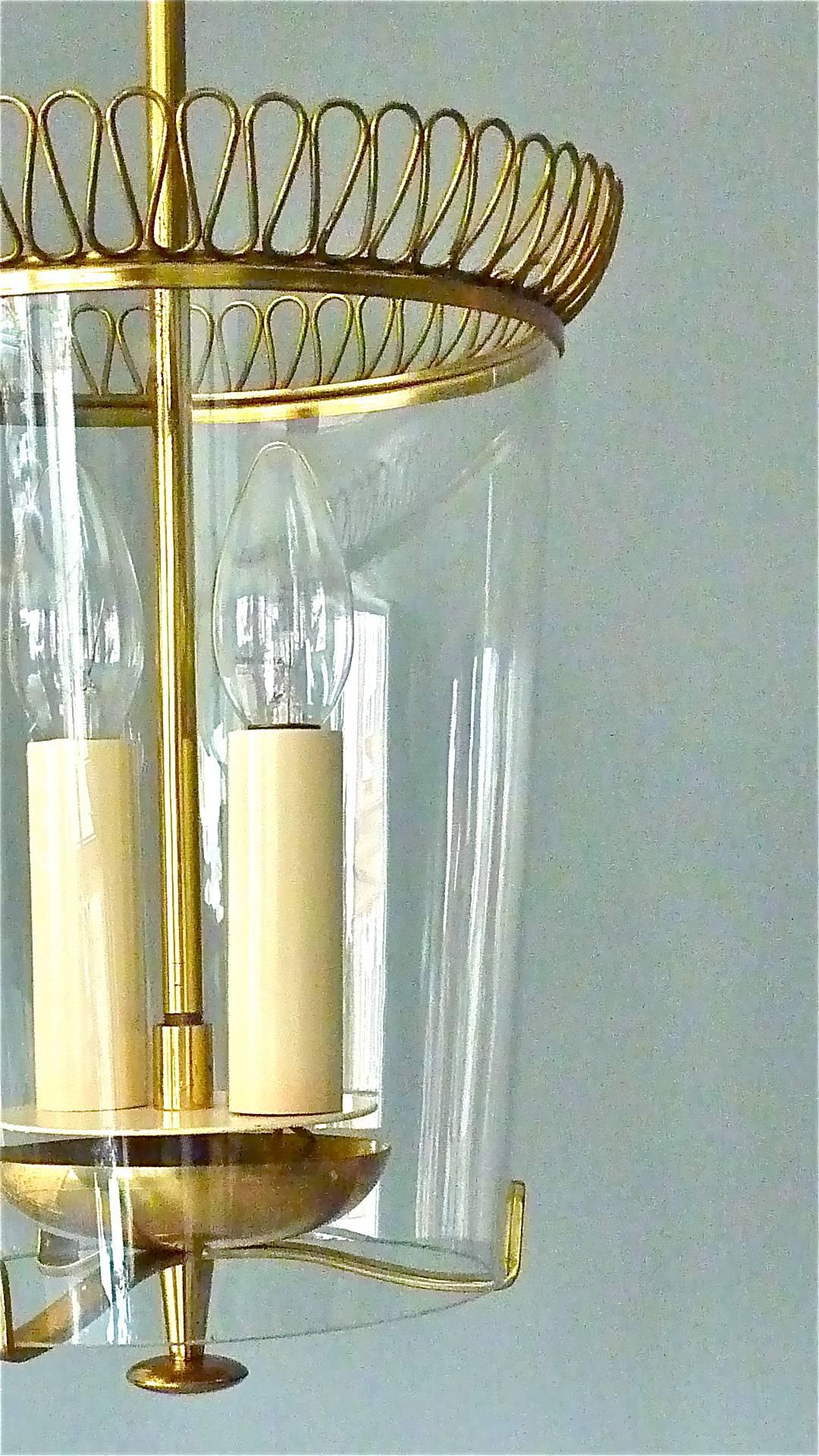 Austrian Rare Brass and Glass Pendant Two-Light Lantern, Style of Josef Frank, Austria