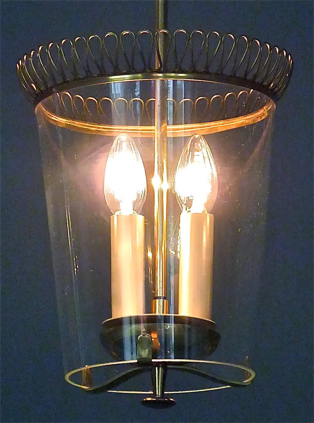 Rare Brass and Glass Pendant Two-Light Lantern, Style of Josef Frank, Austria 3