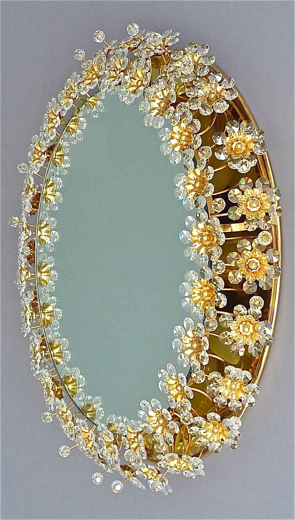 Hollywood Regency Round Illuminated Palwa Mirror Gilt Faceted Crystal Glass Flower Germany 1960s For Sale