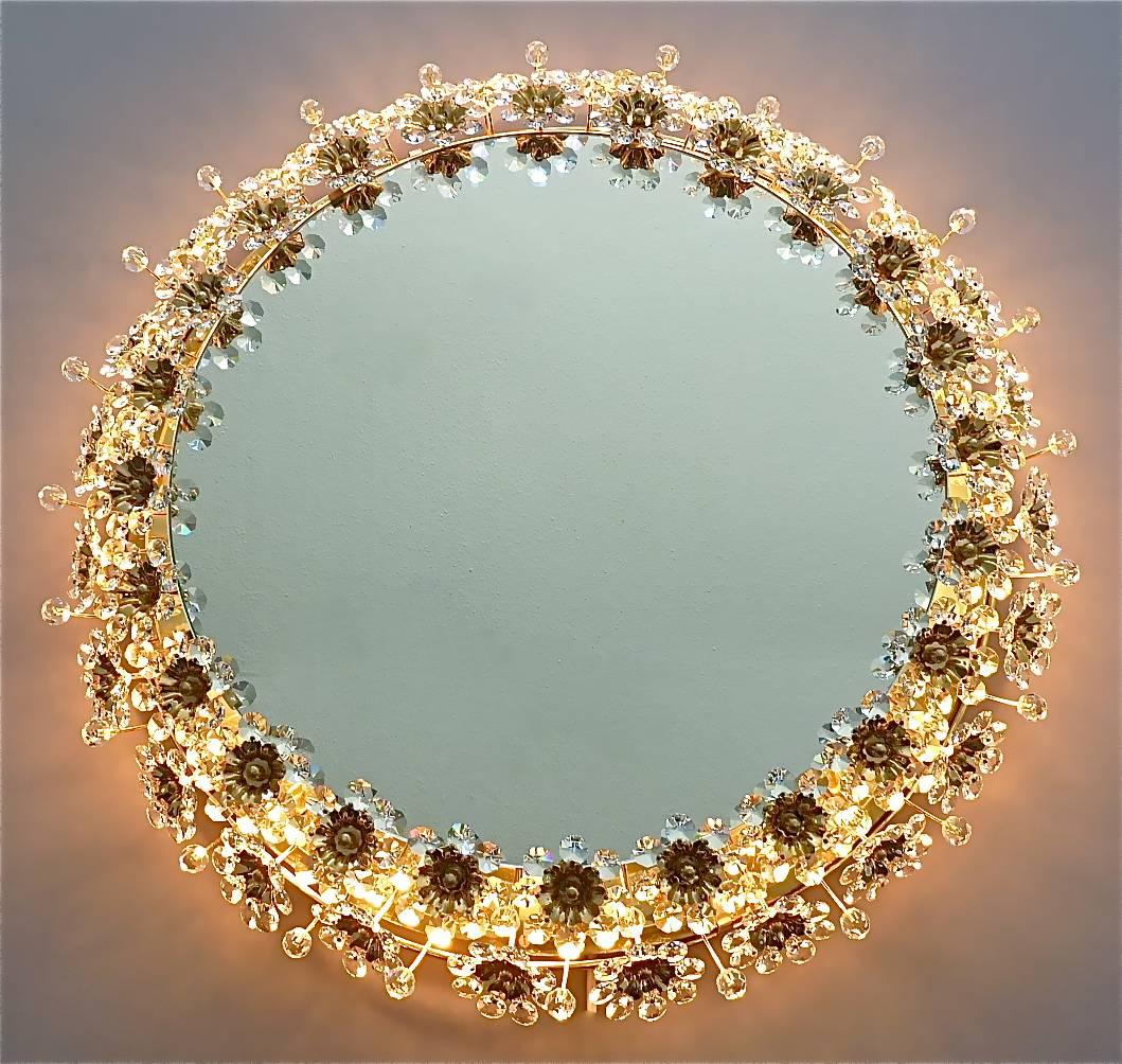 Round Illuminated Palwa Mirror Gilt Faceted Crystal Glass Flower Germany 1960s For Sale 2