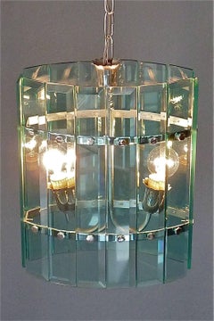 Pietro Chiesa Fontana Arte Chandelier Green Faceted Glass Chrome Metal Lamp 1940