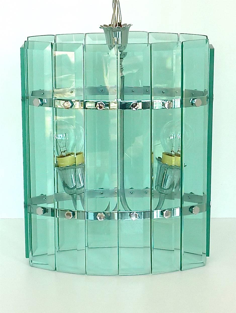 Italian Pietro Chiesa Fontana Arte Chandelier Green Faceted Glass Chrome Metal Lamp 1940 For Sale