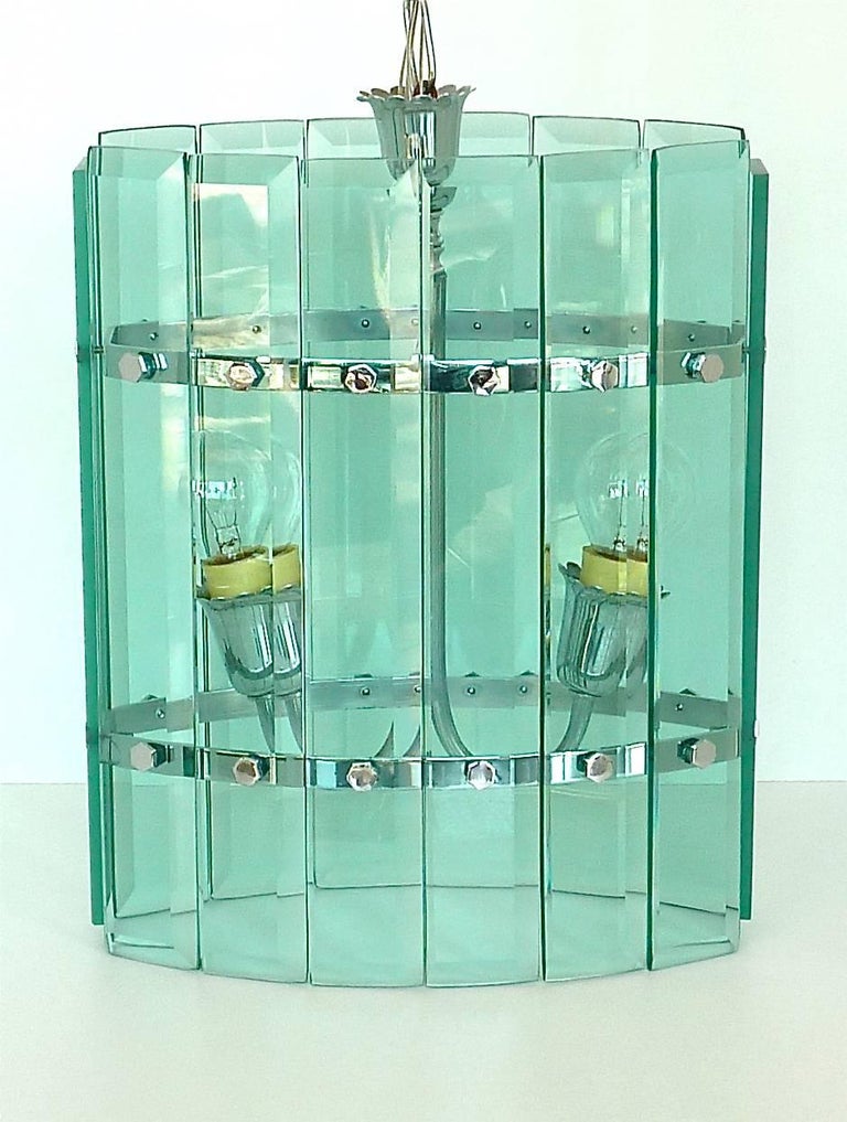 Italian Green Faceted Glass Chrome Metal Chandelier Pietro Chiesa for Fontana Arte 1940s For Sale