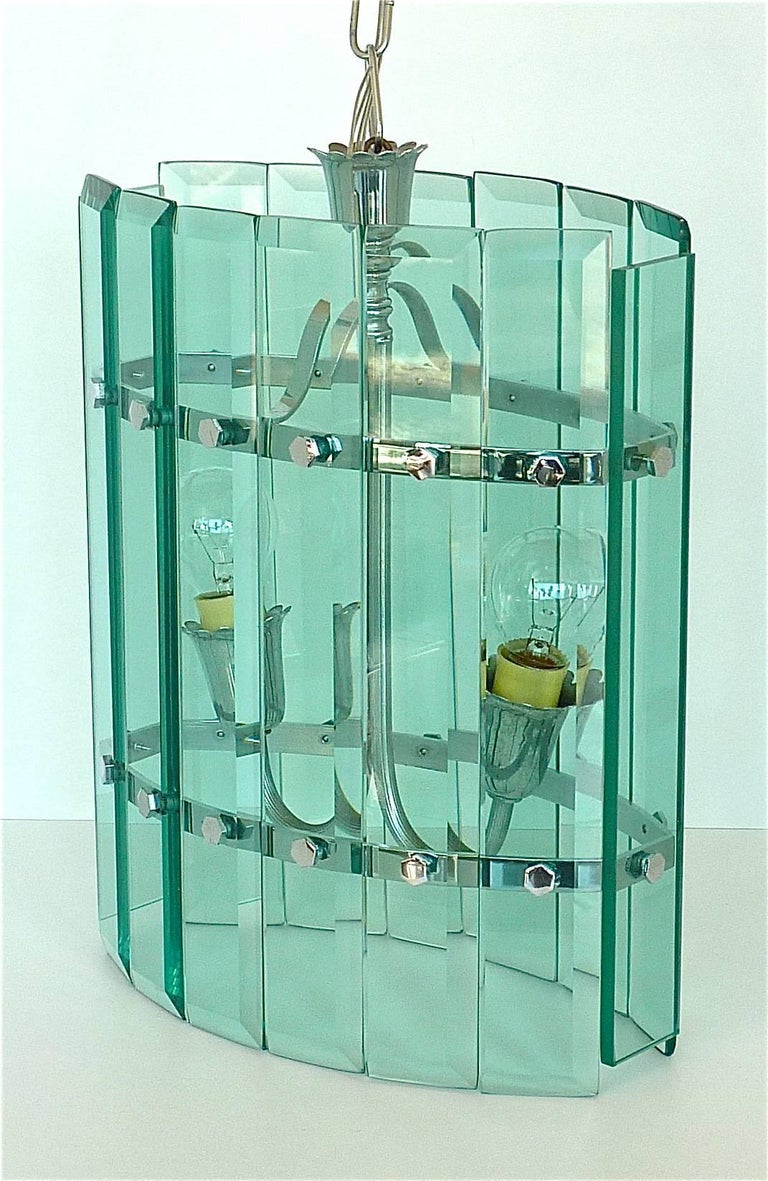 Beveled Green Faceted Glass Chrome Metal Chandelier Pietro Chiesa for Fontana Arte 1940s For Sale