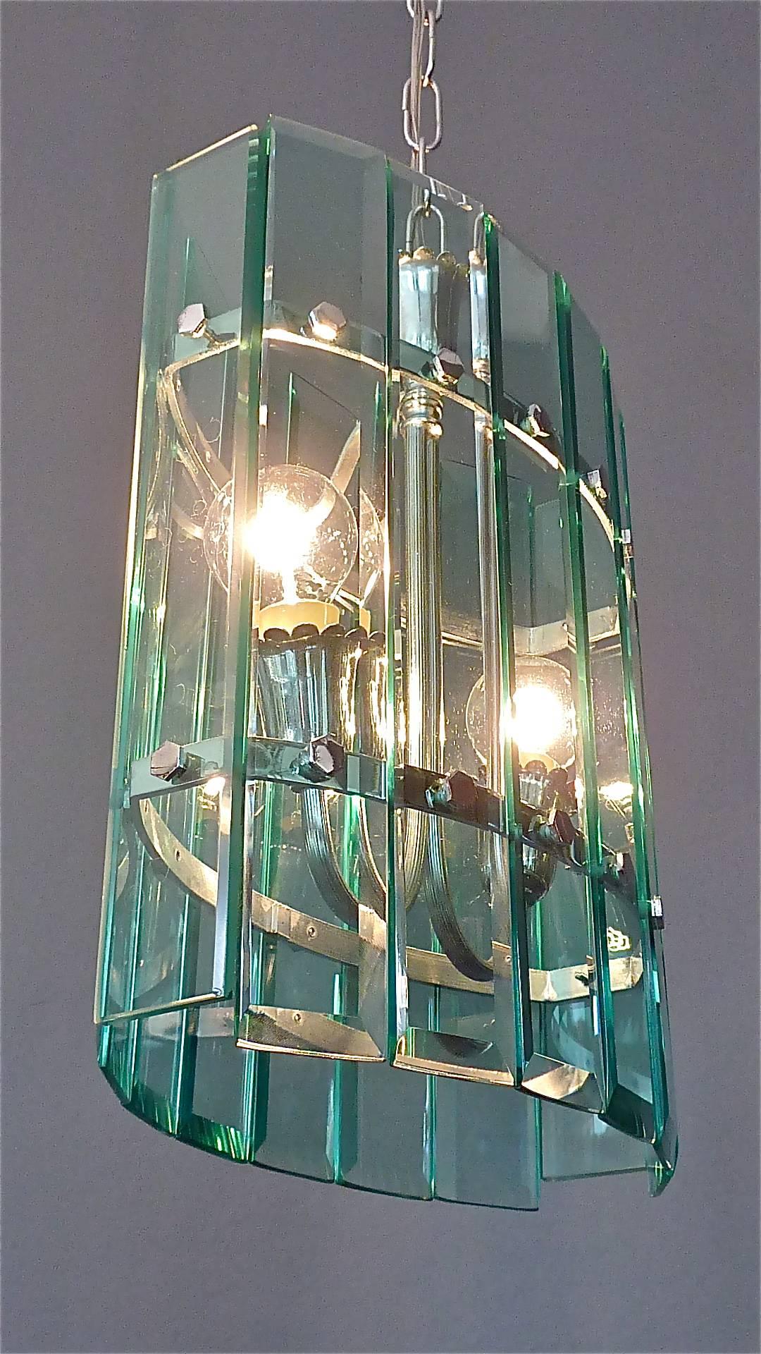 Pietro Chiesa Fontana Arte Chandelier Green Faceted Glass Chrome Metal Lamp 1940 For Sale 3