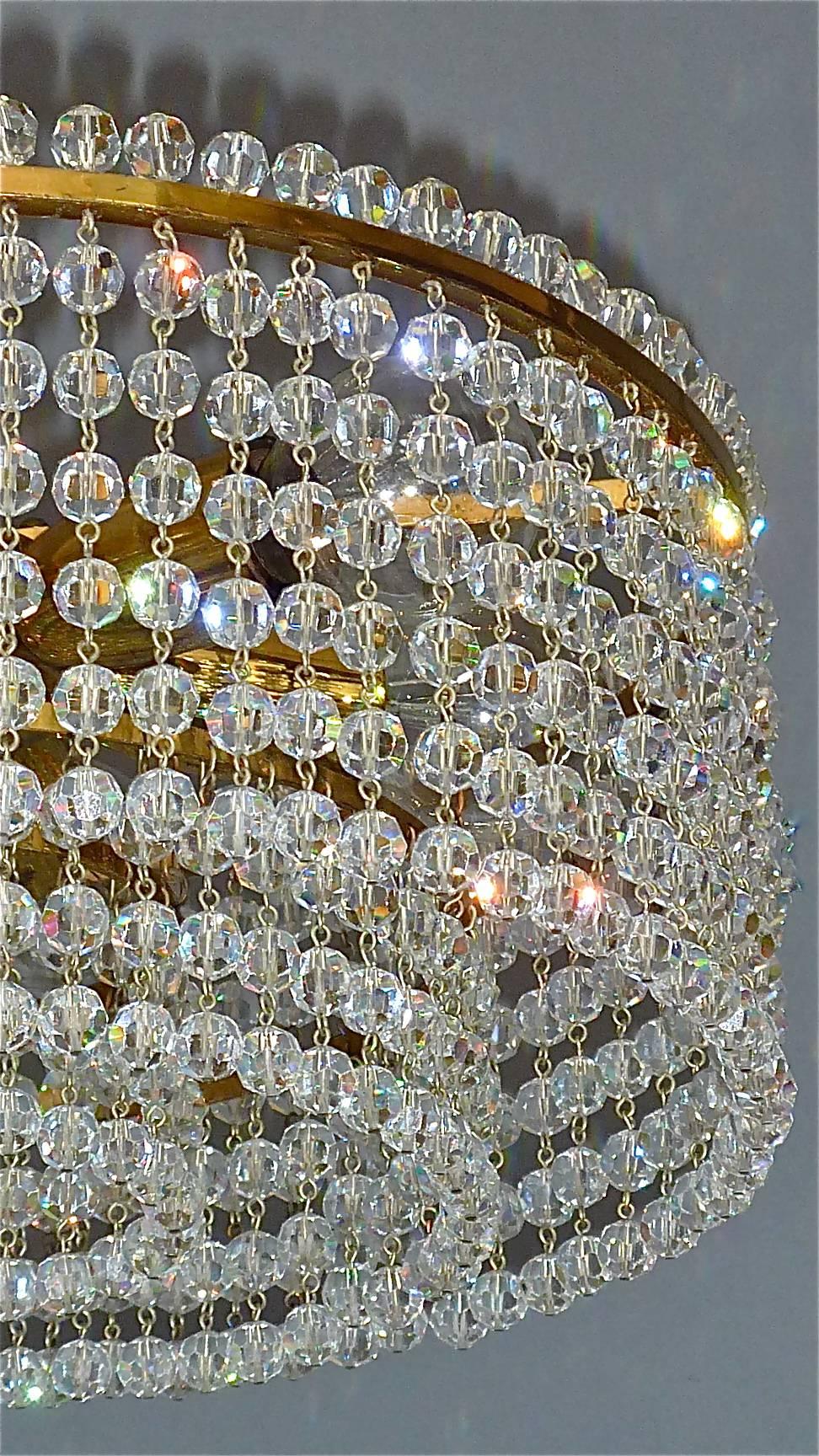 Patinated J.L Lobmeyr Chandelier Hand-Cut Faceted Crystal Glass Strings Brass Austria 1950 For Sale
