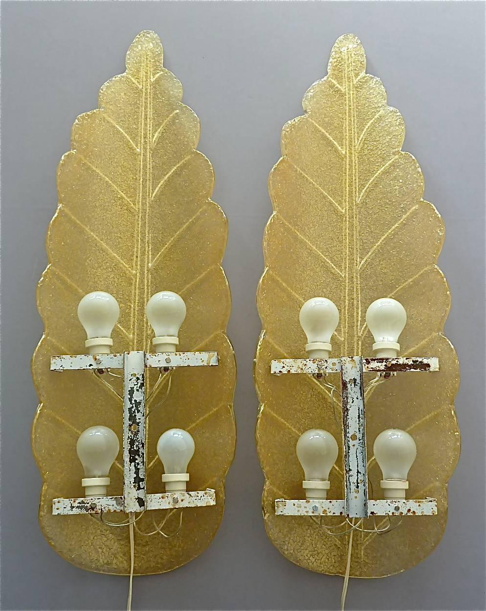 Late 20th Century Monumental Pair of Murano Art Glass Golden Leaf Sconces Lights Barovier, 1970s For Sale