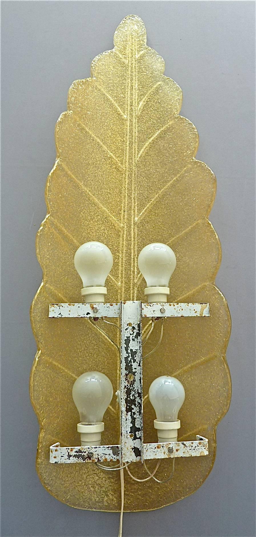 Brass Monumental Pair of Murano Art Glass Golden Leaf Sconces Lights Barovier, 1970s For Sale