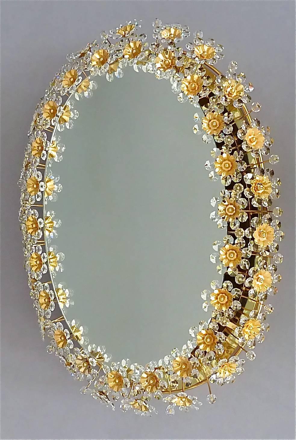 Hollywood Regency Large Palwa Backlit Mirror Oval Gilt Faceted Crystal Glass Flower 1970s For Sale