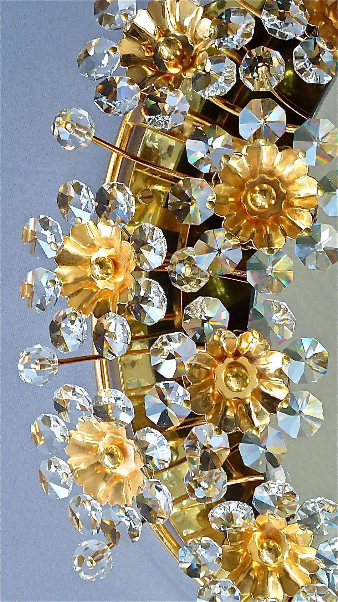 German Large Palwa Backlit Mirror Oval Gilt Faceted Crystal Glass Flower 1970s For Sale