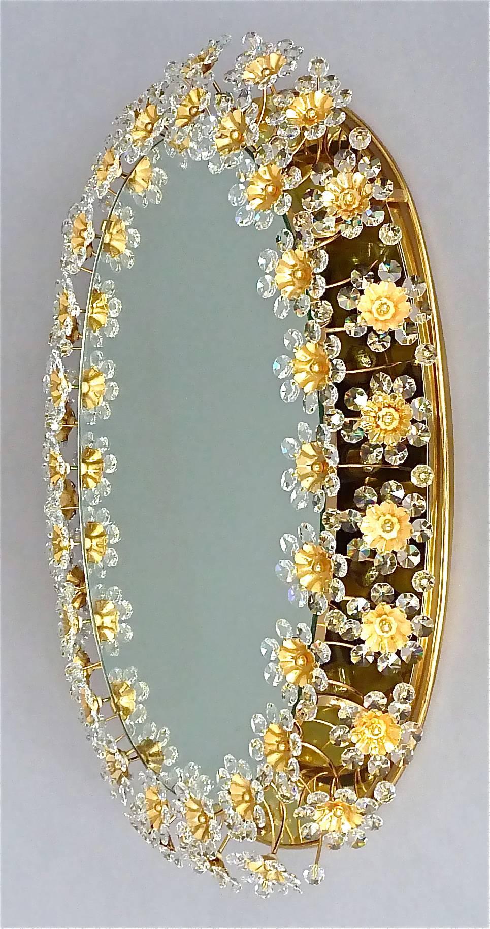 Late 20th Century Large Palwa Backlit Mirror Oval Gilt Faceted Crystal Glass Flower 1970s For Sale