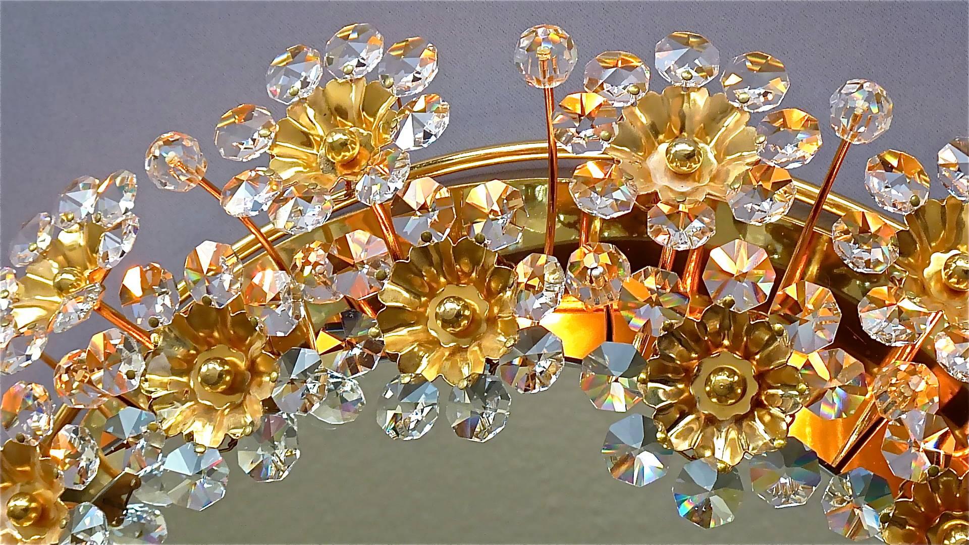 Metal Large Palwa Backlit Mirror Oval Gilt Faceted Crystal Glass Flower 1970s For Sale