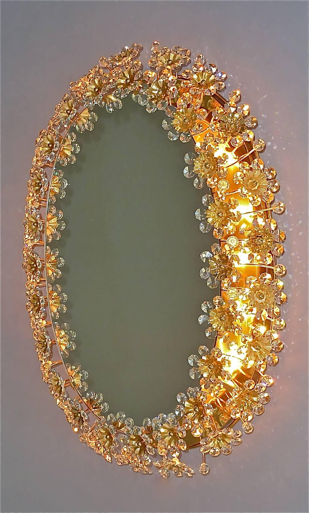 Large Palwa Backlit Mirror Oval Gilt Faceted Crystal Glass Flower 1970s For Sale 3