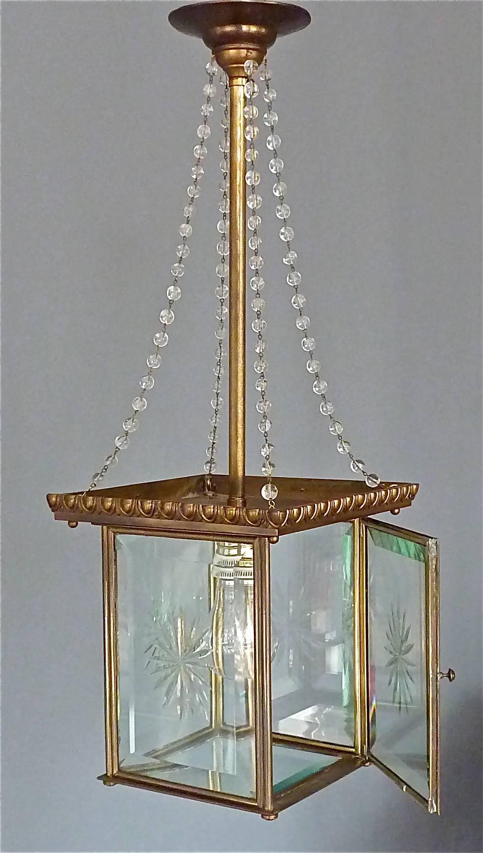 Early 20th Century Signed Austrian Secession Lamp Art Nouveau Lantern Brass Beveled Glass Pearls