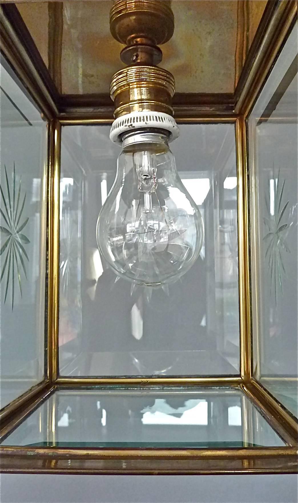 Signed Austrian Secession Lamp Art Nouveau Lantern Brass Beveled Glass Pearls 3