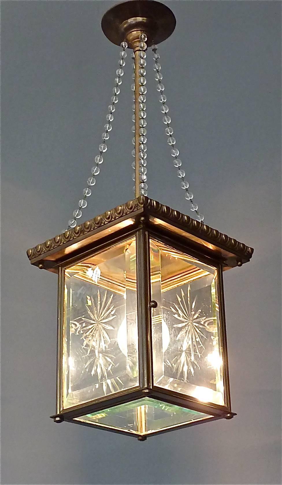 Signed Austrian Secession Lamp Art Nouveau Lantern Brass Beveled Glass Pearls 4
