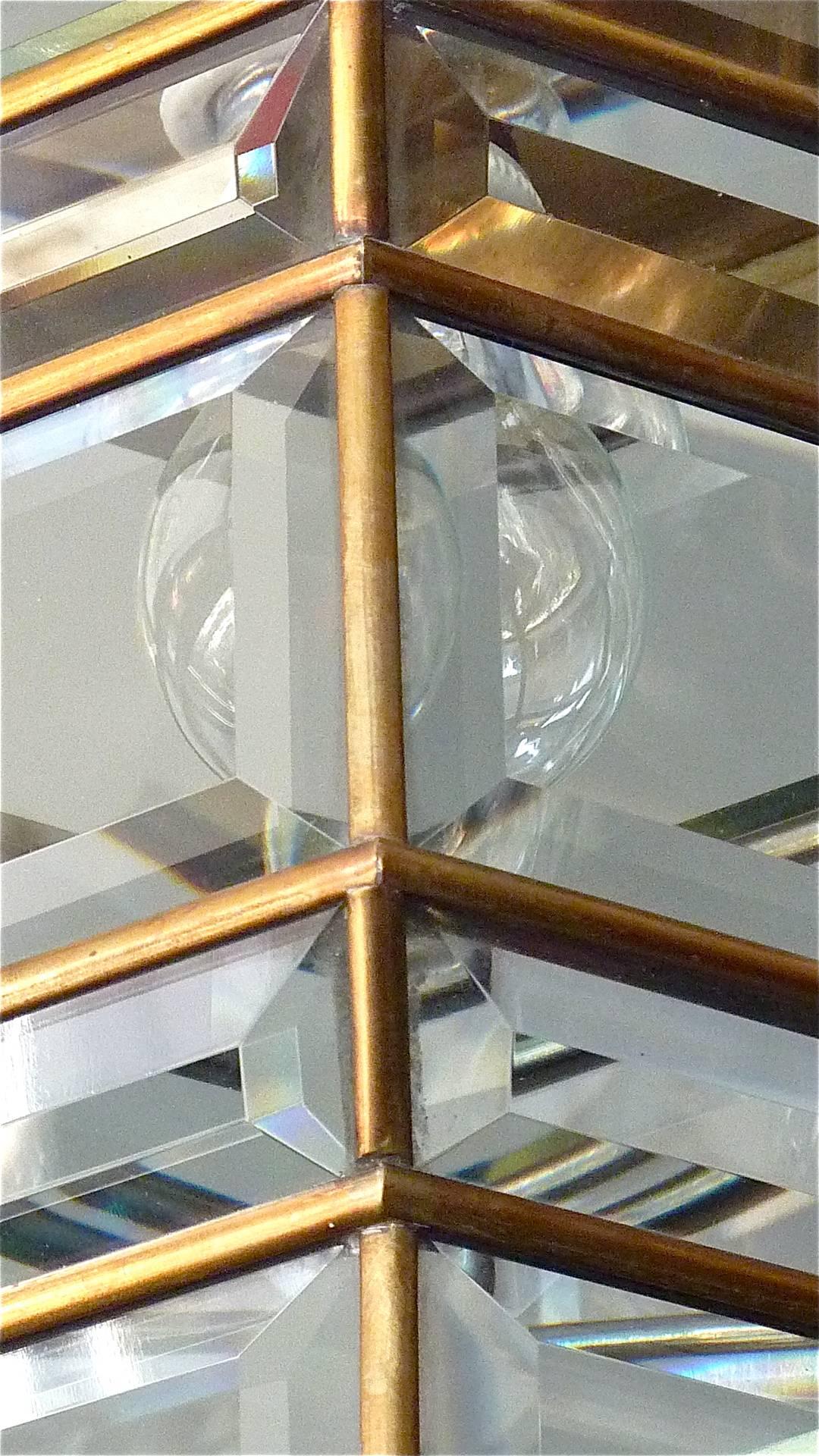 Austrian Great Adolf Loos Lobmeyr Style Light Beveled Glass Patinated Brass Vienna, 1910 For Sale