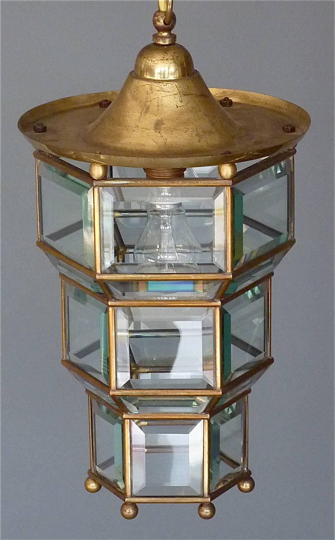 Early 20th Century Great Adolf Loos Lobmeyr Style Light Beveled Glass Patinated Brass Vienna, 1910 For Sale