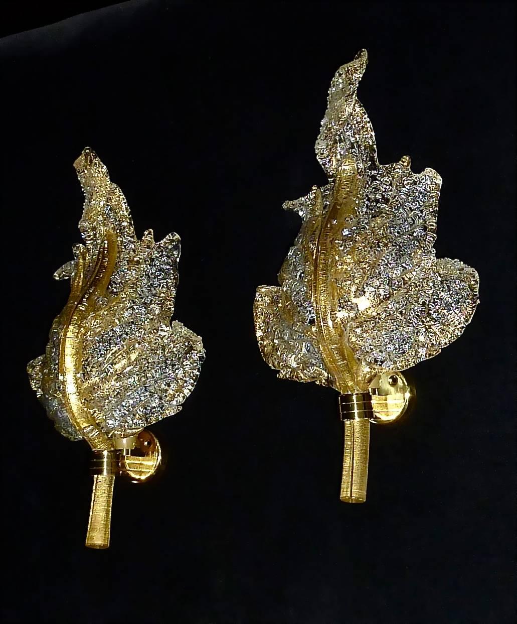 Large Signed Pair Barovier & Toso Leaf Sconces Italian Murano Glass Floral 1970s For Sale 4