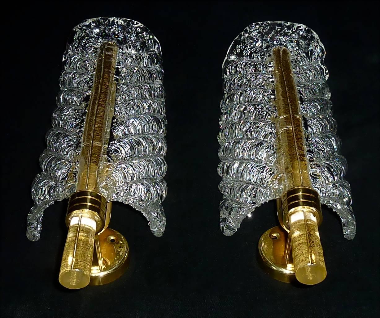 Italian Signed Pair of Barovier & Toso Golden Leaf Murano Sconces Brass Clear Glass