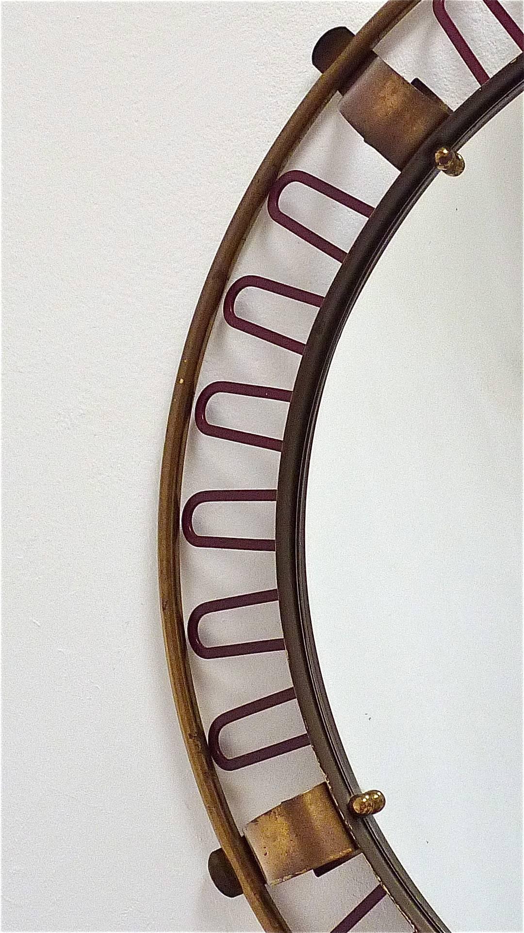 Jean Royère Style Illuminated Wall Mirror Patinated Brass Red Enameled (Französisch)