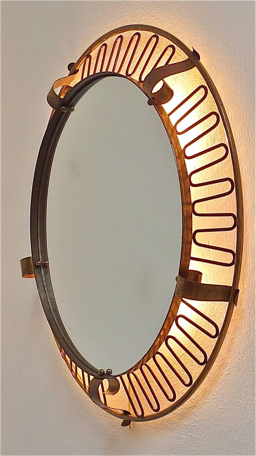 Jean Royère Style Illuminated Wall Mirror Patinated Brass Red Enameled (Spiegel)