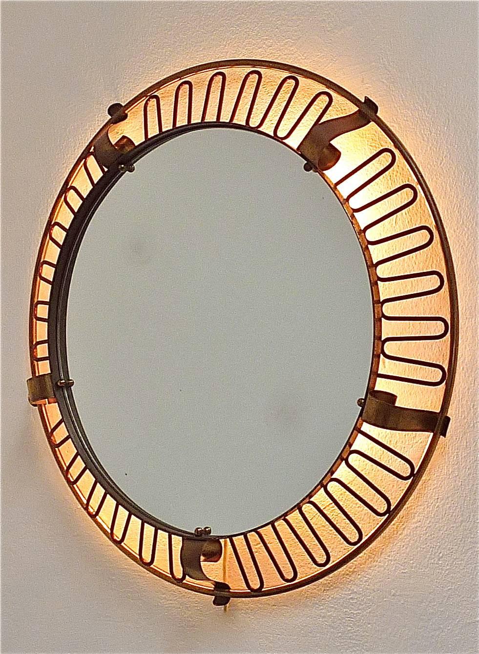 Jean Royère Style Illuminated Wall Mirror Patinated Brass Red Enameled 1