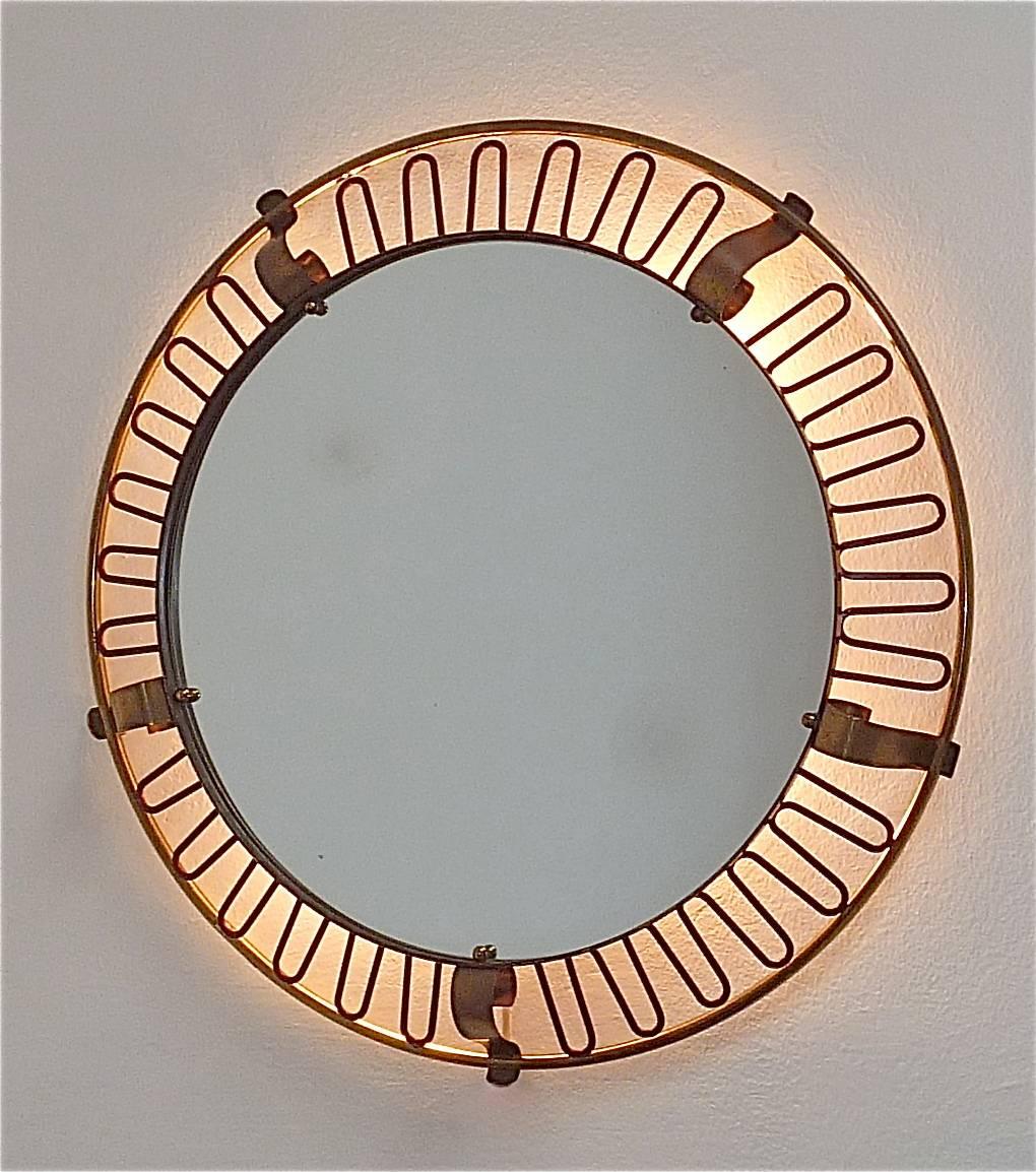 Jean Royère Style Illuminated Wall Mirror Patinated Brass Red Enameled 4