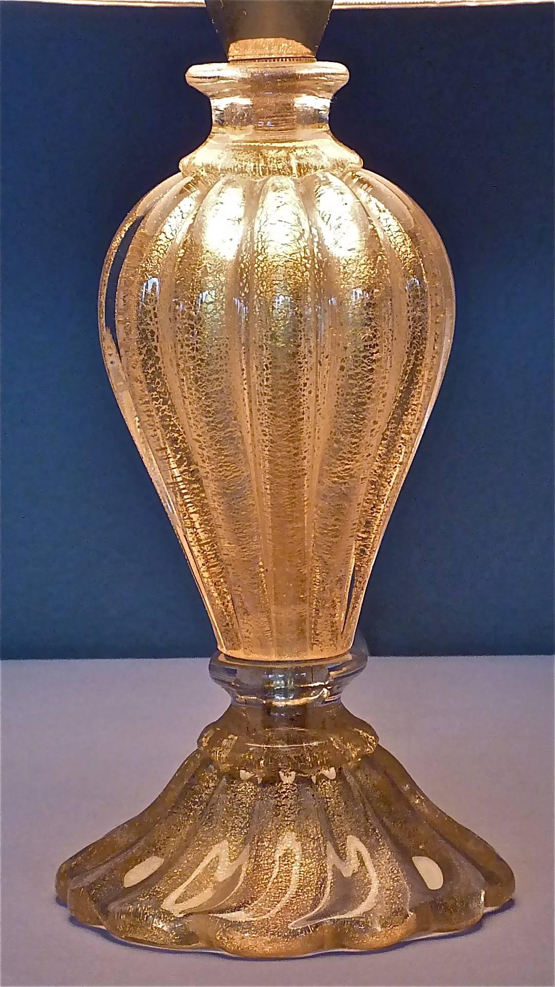 Golden Italian Barovier & Toso Murano Art Glass Table Lamp with Silk Shade 1950s 1