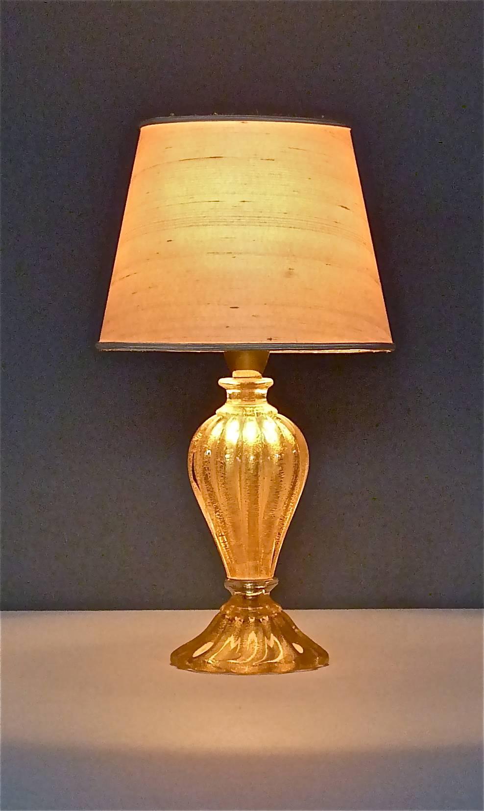 Golden Italian Barovier & Toso Murano Art Glass Table Lamp with Silk Shade 1950s 3
