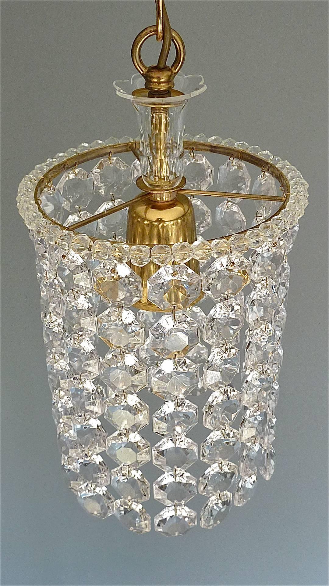 Mid-Century Modern Midcentury Bakalowits Chandelier Brass Crystal Glass Strings Lamp Austria 1950s For Sale