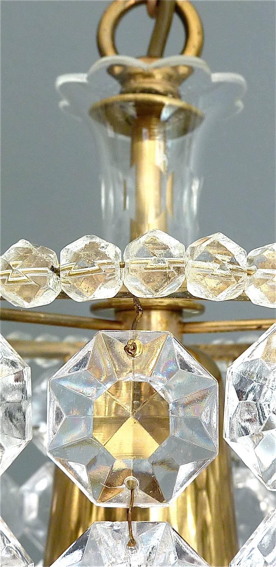 Polished Midcentury Bakalowits Chandelier Brass Crystal Glass Strings Lamp Austria 1950s For Sale