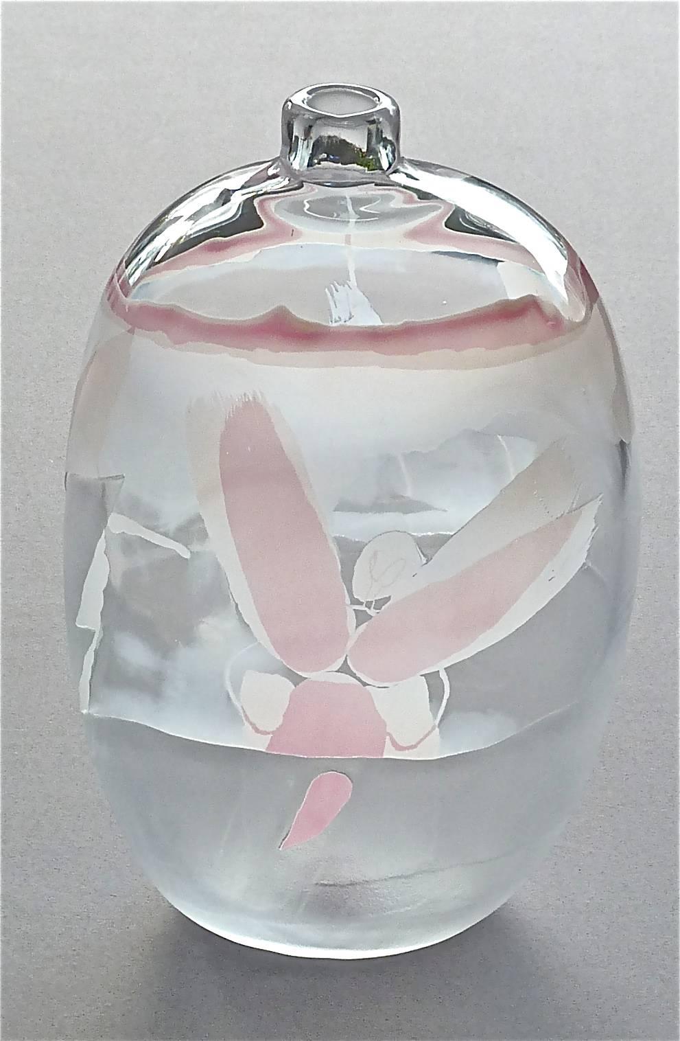 A beautiful art glass vase by Ann Warff for Kosta Boda, Sweden, 1975. Clear, milky white glass with pink, rose, deep-cut and polished, acid-etched with an abstract motive. Signed at the bottom Kosta, Unik for a unique piece, 1975, Ann Warff and