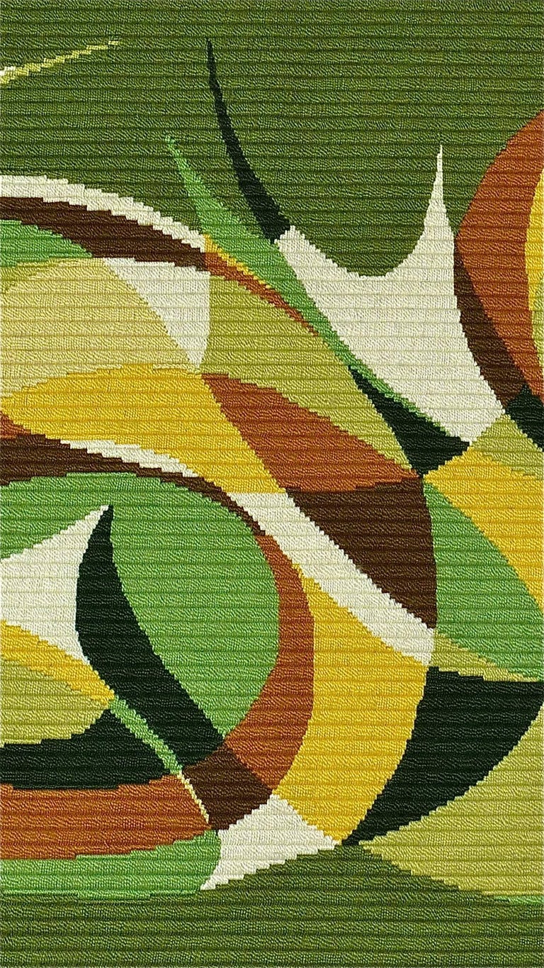 Danish Midcentury Wool Carpet Rug Rya Abstract FlatWeave Green Wall Hanging at 1stDibs
