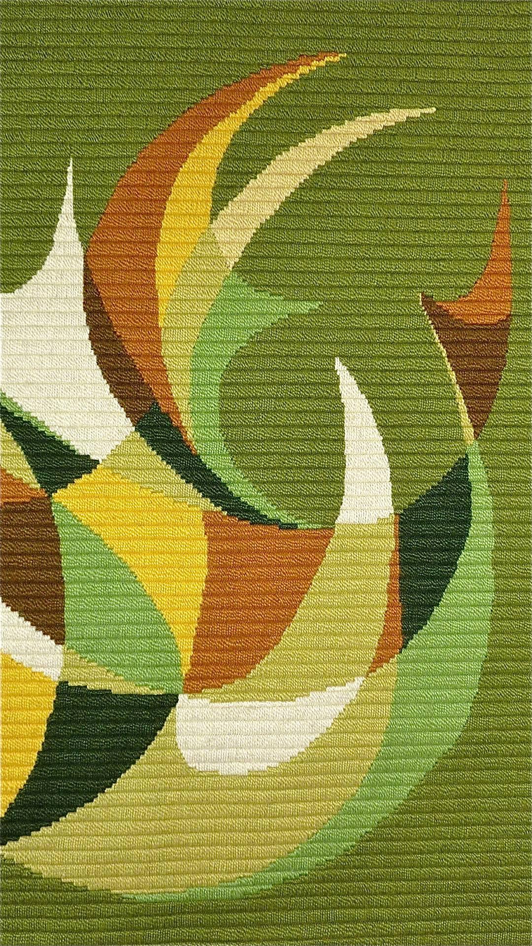 Scandinavian Modern Danish Midcentury Wool Carpet Rug Rya Abstract Flat-Weave Green Wall Hanging 