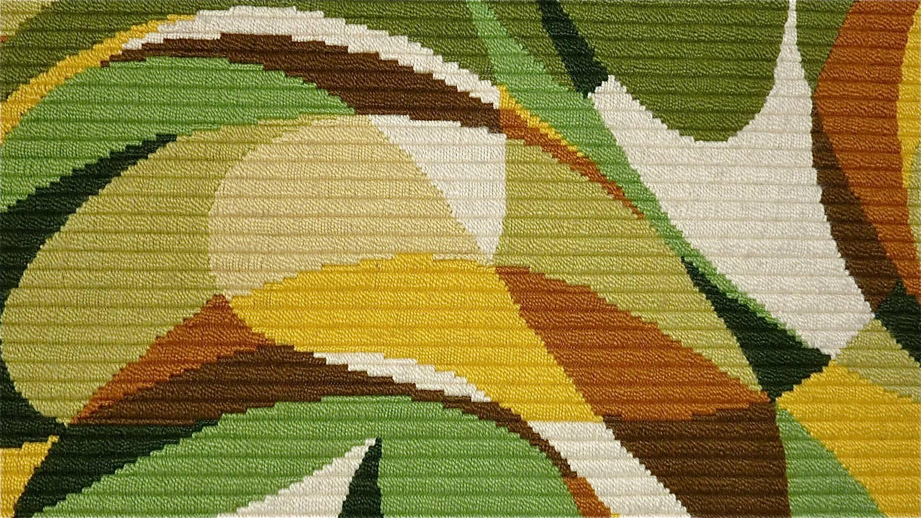 Hand-Woven Danish Midcentury Wool Carpet Rug Rya Abstract Flat-Weave Green Wall Hanging 