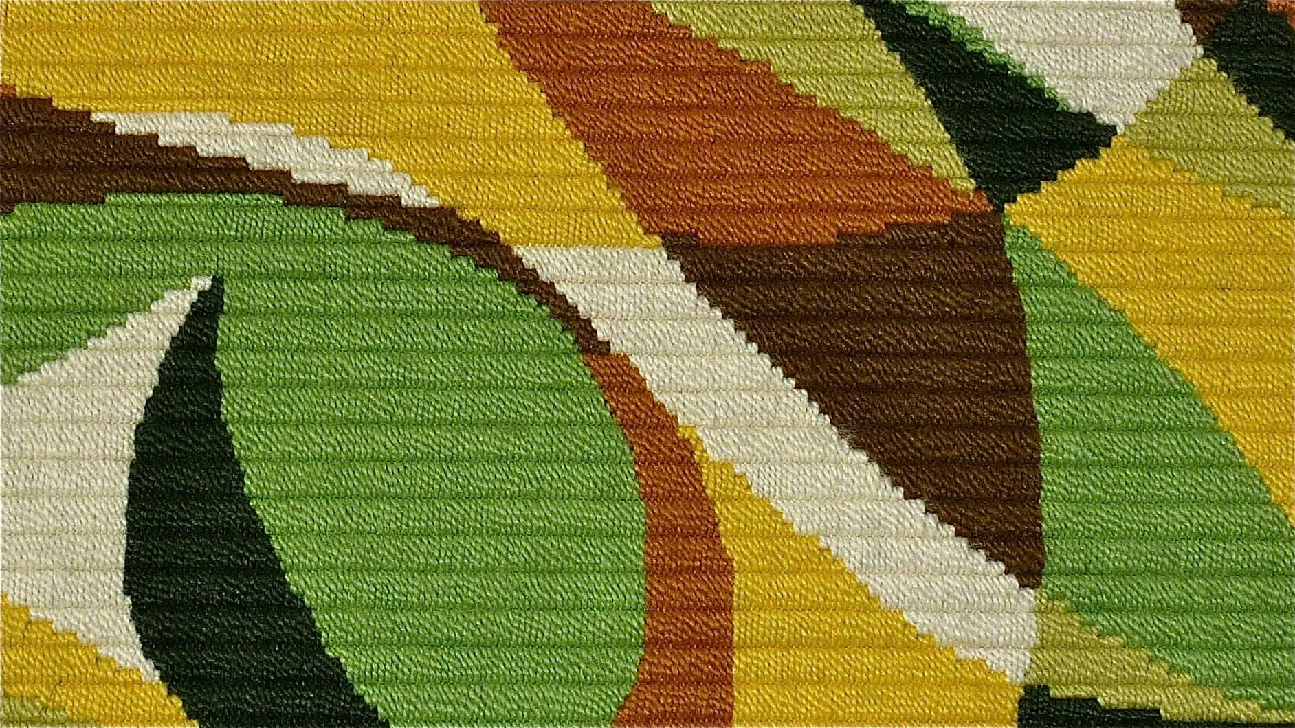 Danish Midcentury Wool Carpet Rug Rya Abstract Flat-Weave Green Wall Hanging  In Good Condition In Nierstein am Rhein, DE
