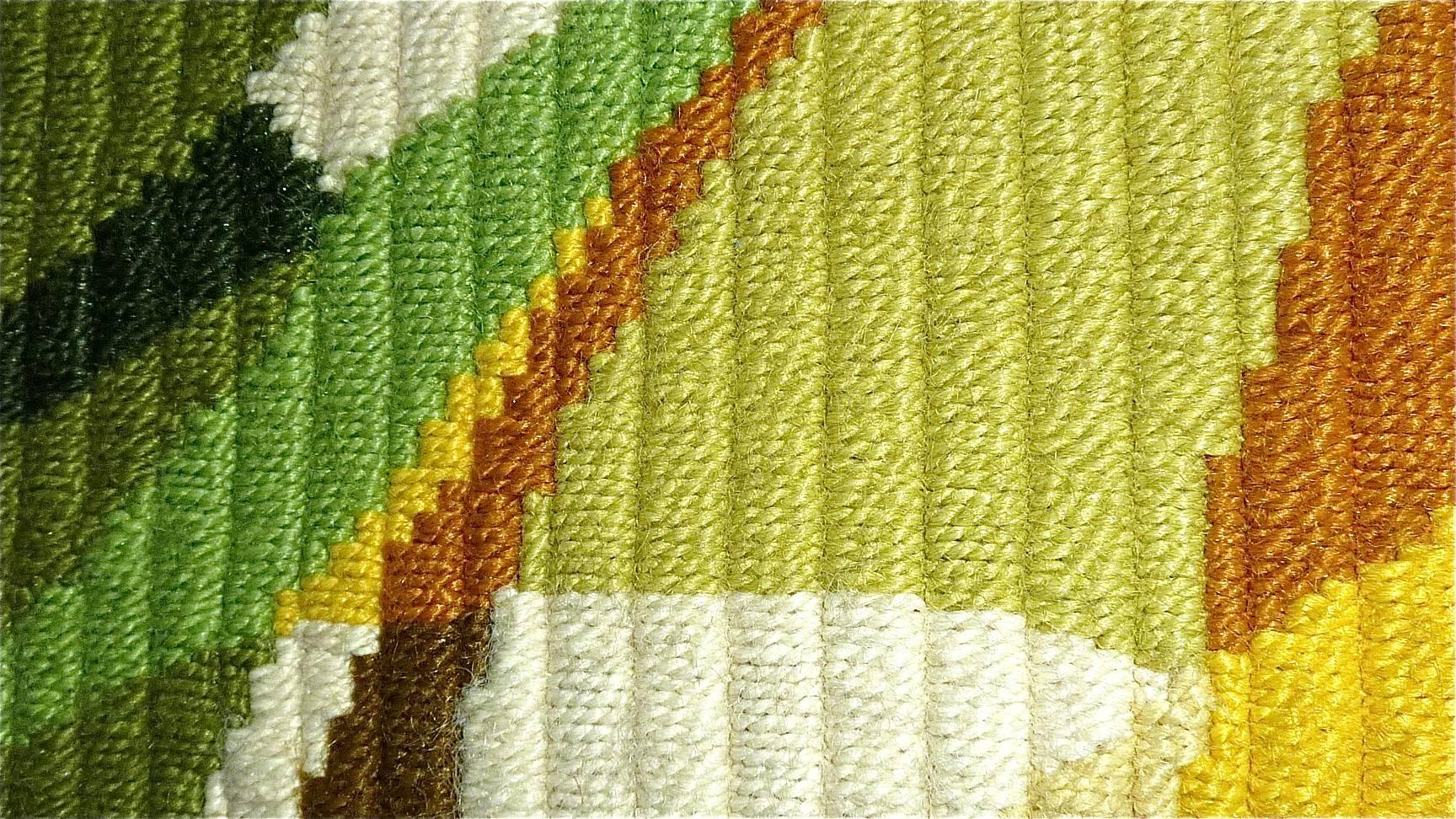 Danish Midcentury Wool Carpet Rug Rya Abstract Flat-Weave Green Wall Hanging  1