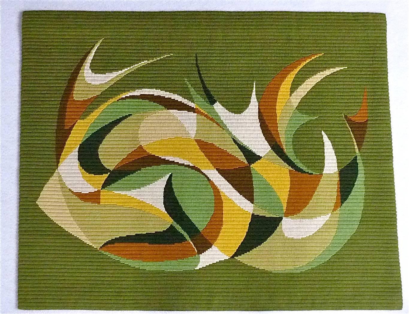 Danish Midcentury Wool Carpet Rug Rya Abstract Flat-Weave Green Wall Hanging  3
