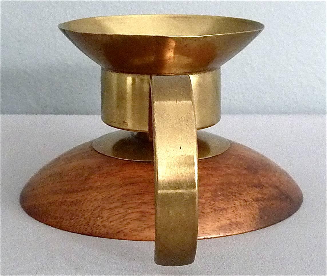 Patinated Signed Bauhaus Marianne Brandt Brass Wood Candleholder Light for Ruppel, 1930