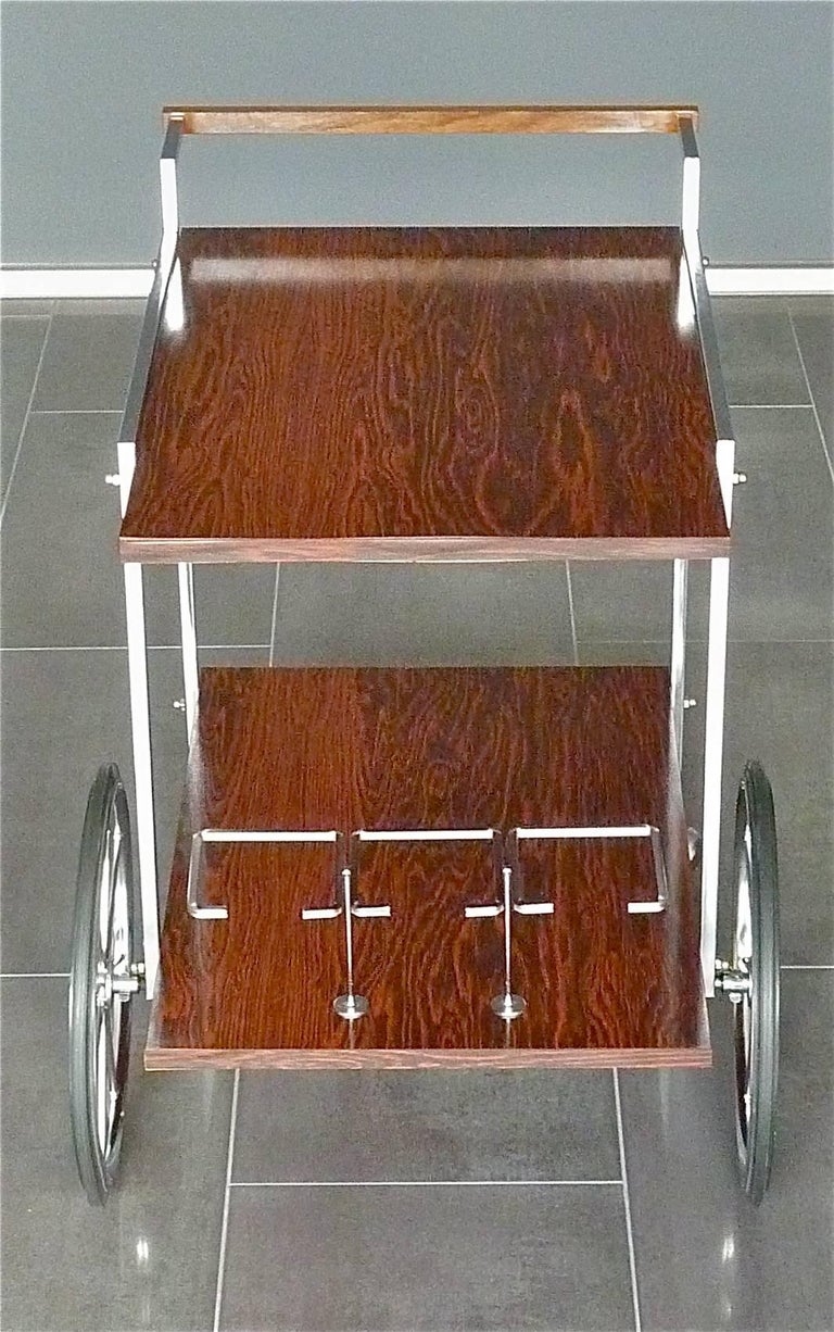 Laminated Midcentury Bar Cart Serving Table Chrome Rosewood Laminate, Wirz for Renz 1970s For Sale