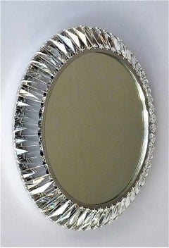 Signed Illuminated Round Palwa Wall Mirror Chrome Faceted Crystal Glass 1960s